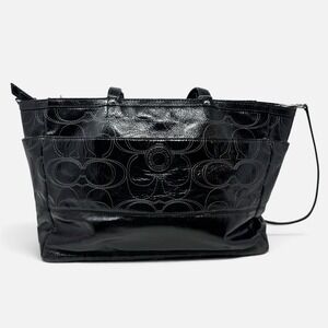 Coach Black Patent Leather Stitched C Baby Bag Diaper Tote Crossbody Travel Bag